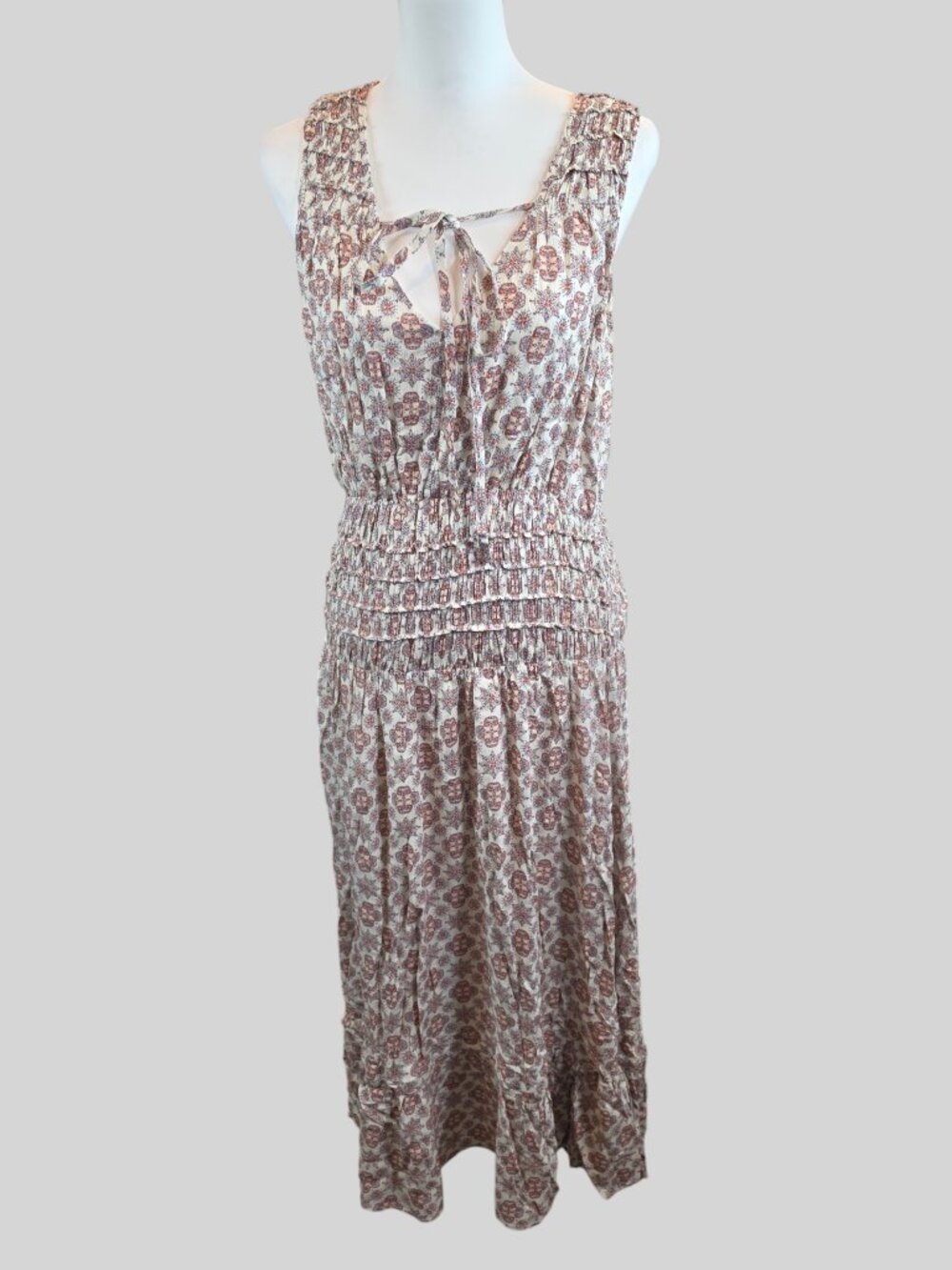 Fate Sleeveless Smocked Bodice Boho Midi Dress Size M